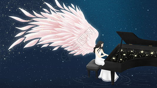 女孩弹钢琴钢琴天使插画