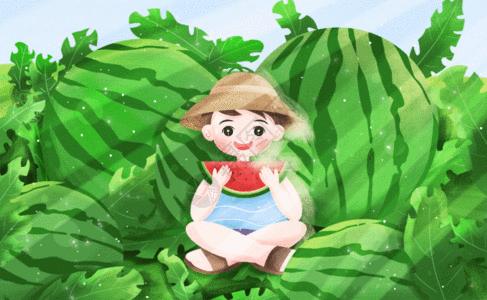 大暑之吃西瓜的男孩子GIF图片