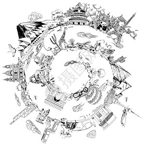 白色圈城市创意手绘背景插画插画