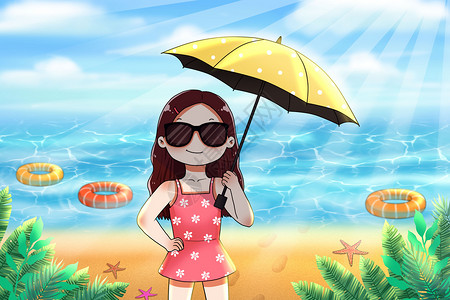 夏日防晒攻略海边打伞防晒的女孩插画