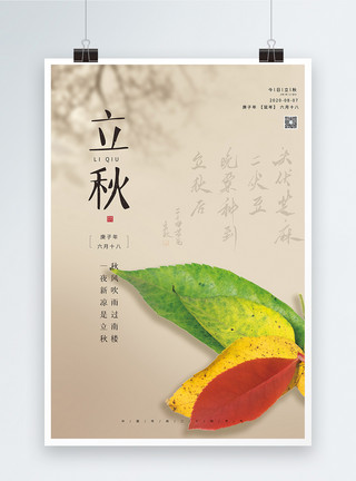 叶子树叶漂浮简约古典24节气立秋宣传海报模板