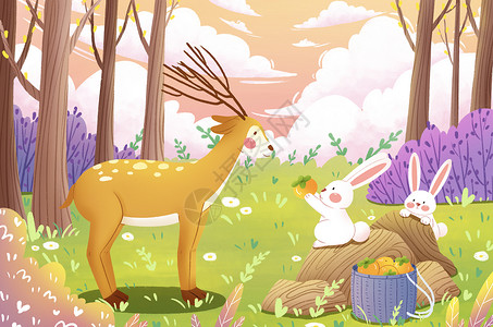 立秋节气卡通兔子与鹿插画