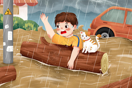 打磨木头洪灾洪水上漂流喊救命的人与猫插画