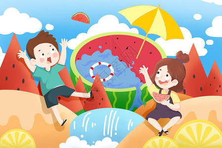 夏季吃瓜的男孩暑假游玩的孩子插画