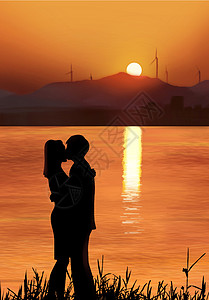 江边日落夕阳下拥吻的情侣插画