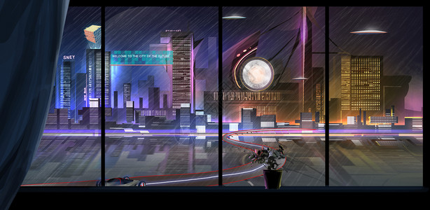 高楼灯光雨中的未来城市插画