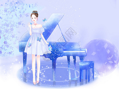 钢琴演奏会唯美少女与钢琴梦幻场景插画