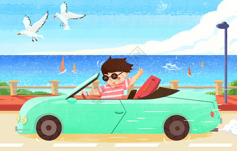 美国阿拉斯加自驾公路夏天开车去海边兜风旅行插画