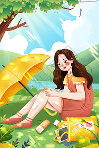 一把雨伞夏季出游草地上涂防晒女孩插画