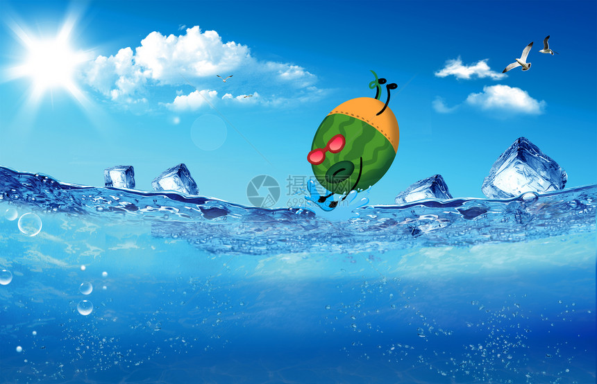 夏日水果西瓜跳水创意摄影插画图片