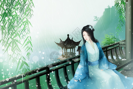 下雨季节古风美女扶栏而望插画图片