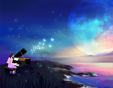 海边钢琴温馨唯美夜晚弹钢琴场景插画