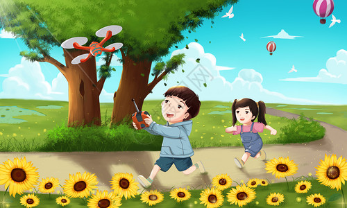 小朋友玩飞机暑假小男孩和小女孩在户外玩耍插画