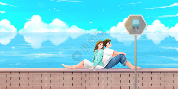 情侣夏季约会夏天海边旅行的情侣插画