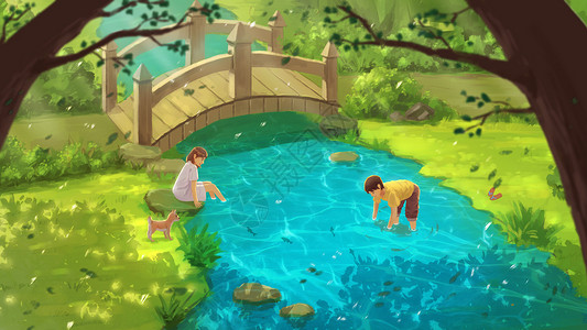 花和鱼夏日童年小溪边玩水插画