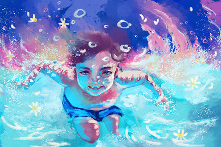 小孩跳水大暑游泳的孩子插画