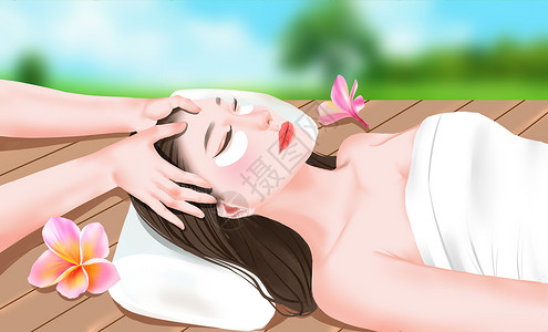 女性spa热石按摩美容养生按摩spa插画