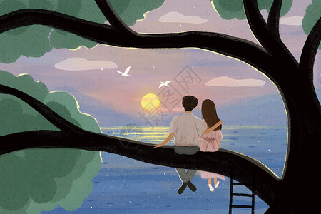 黄昏树木看落日的情侣插画