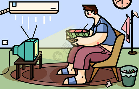吃西瓜看电视夏天吹着空调边看电视边吃西瓜的男生插画