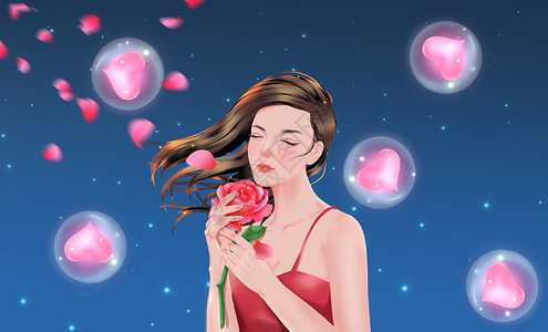 红色爱情玫瑰花手拿玫瑰花的女性插画