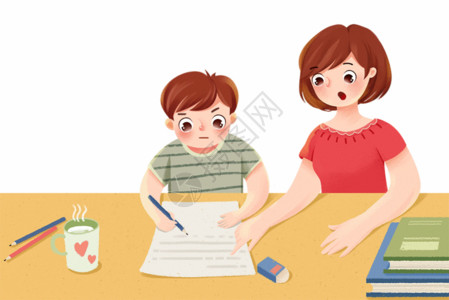 在家写作业暑假辅导孩子学习的妈妈GIF高清图片