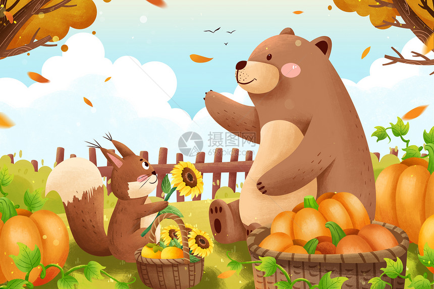 立秋摘南瓜熊与松鼠秋季丰收图片