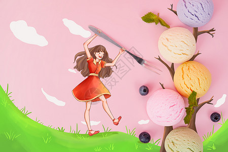 拿着叉子的女孩夏天美味甜品冰激凌树插画
