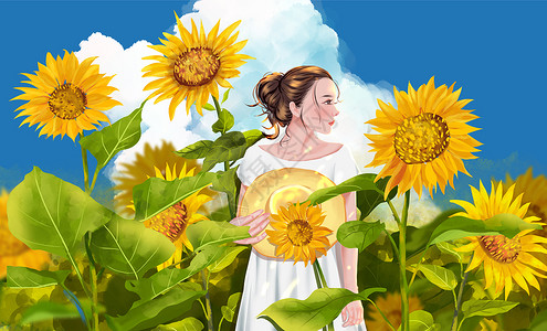 手绘花朵太阳花夏天向日葵花田中的女孩插画插画