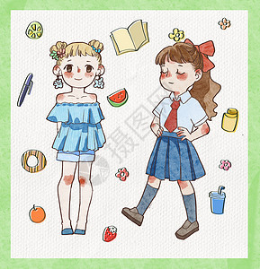 一字肩夏日清爽校服穿搭女孩简笔画手账贴纸插画