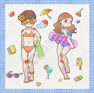 穿比基尼的女孩夏日清爽泳装女孩简笔画手账贴纸插画插画