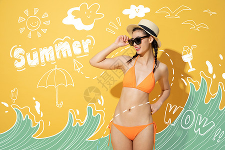 夏季比基尼泳装炎热夏天比基尼女孩插画