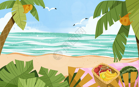 海滩上植被海边沙滩背景插画插画