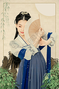 中国美女壁纸月下相思汉服美女持扇遮面插画插画