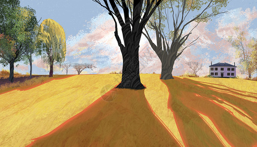 金黄树枝入秋的郊外插画