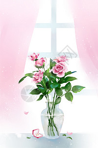 玫瑰情人节友情提示海报玫瑰花与戒指插画