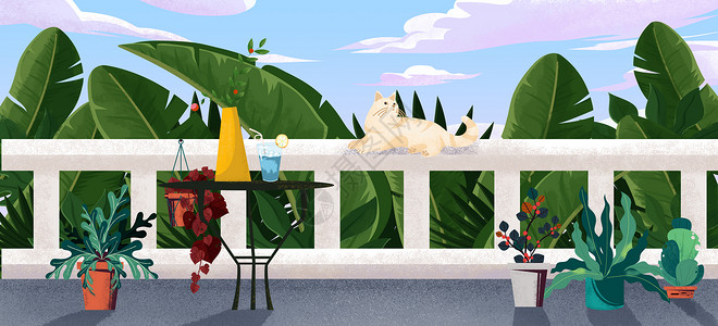 阳台的花处暑节气阳台乘凉的猫插画插画