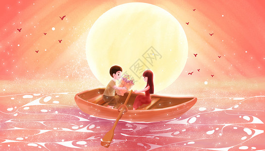 坐在船上情侣男生和女上在小船上约会插画