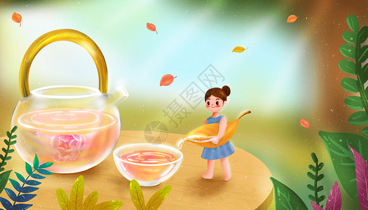 旅行壶女孩用叶子装水倒在杯子里插画