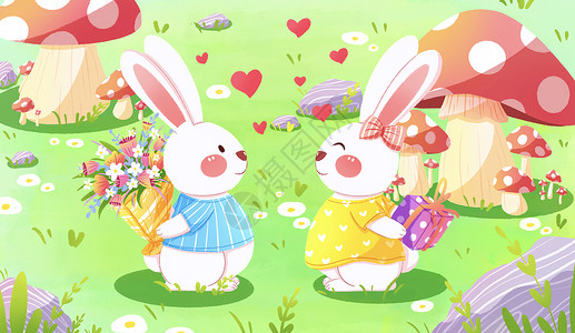 小动物互送礼物七夕节兔子互送礼物插画