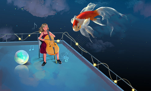 梦幻坐在楼顶拉大提琴唯美插画背景图片