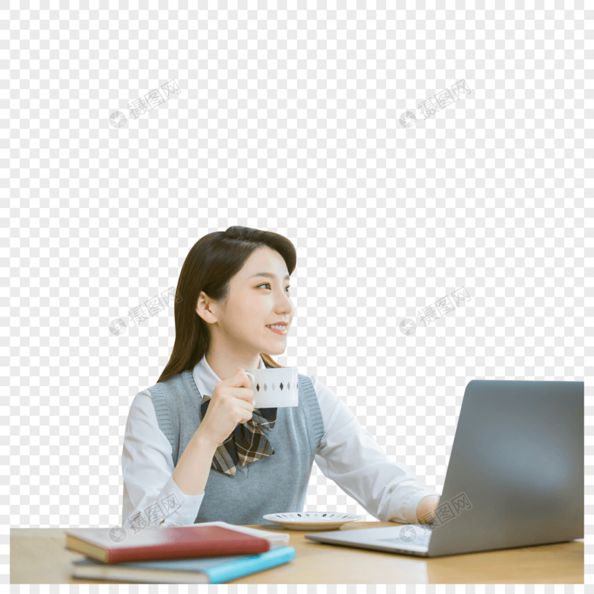 喝咖啡学习的女大学生图片