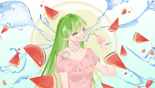 夏日吃西瓜冰淇淋的少女图片