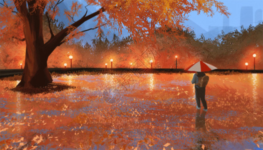 下雨撑伞立秋来自秋天雨季的问候公园场景GIF高清图片