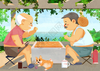 夏日棋盘面包夏天乘凉树底下象棋的老爷爷 GIF高清图片