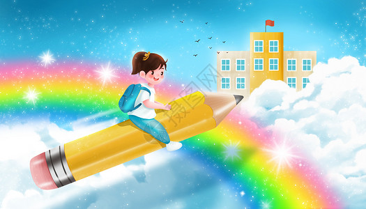 开学季女孩乘着铅笔上学插画背景图片