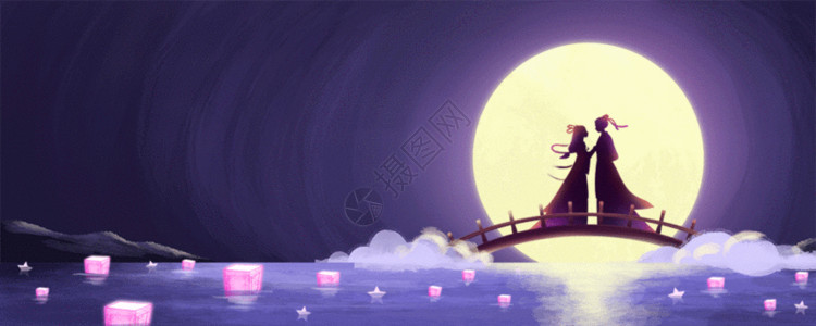 闪耀月亮在海上七夕牛郎织女鹊桥浪漫相会 GIF高清图片