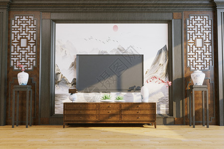 电视墙中式电视柜高清图片