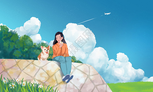 看飞机素材女孩与狗狗户外插画插画