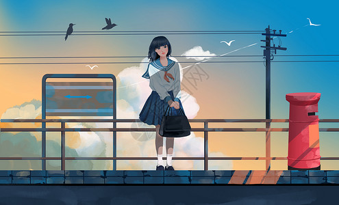 小学生站在那里在车站等车的学生插画