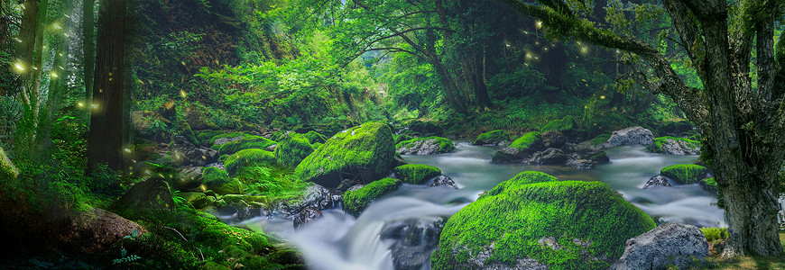 溪水瀑布梦幻森林场景设计图片
